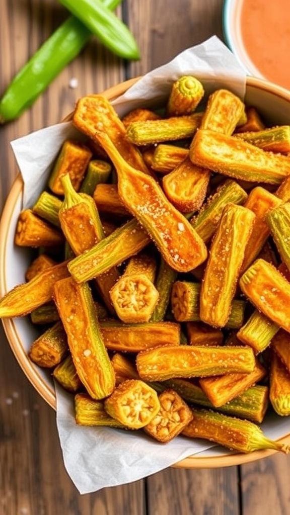 Crispy air fryer okra in a bowl, golden and crunchy, with a dipping sauce on a wooden table.